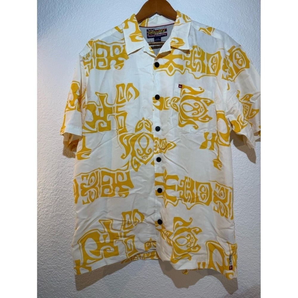Vintage 90s Quiksilver "Hawaiian Boardriding" Camp Shirt Mens Size L Yellow
